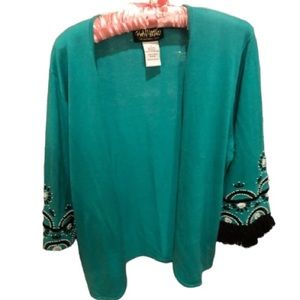 Bob Mackie size large Turquoise cardigan with Black Fringe